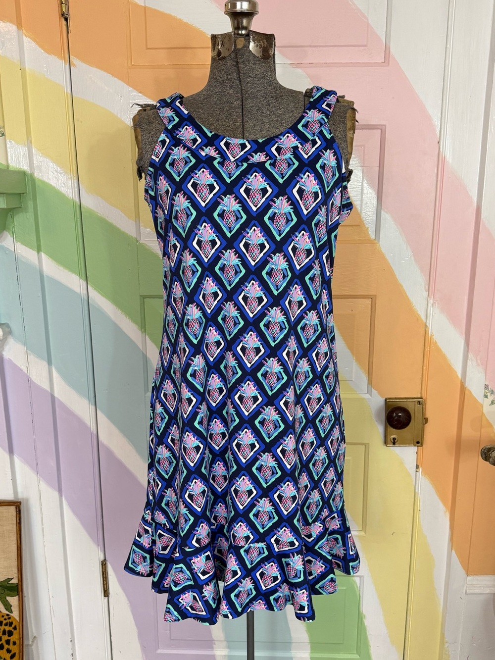 Lulu B Vibrant Colorful Pineapple Ruffle Dress UPF 50+ Preppy Sz M 💛🍄
